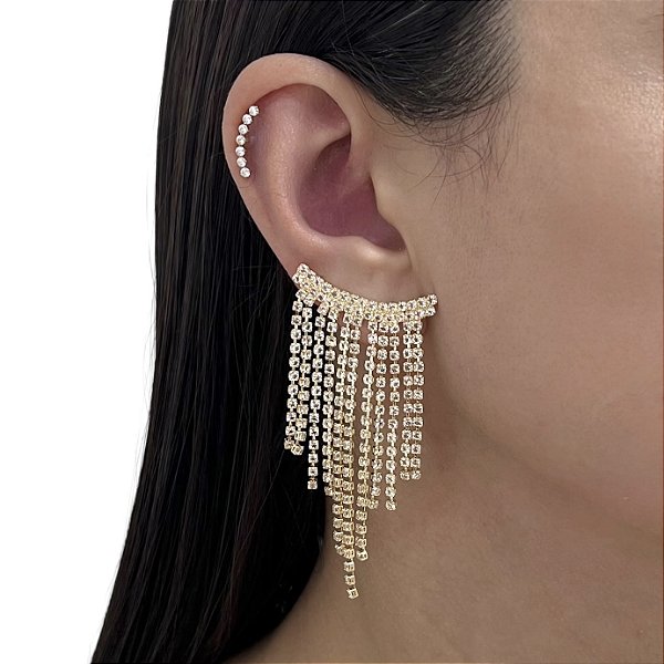 Brinco Folheado Ouro 18k e Prata 925 Franja Strass Leque