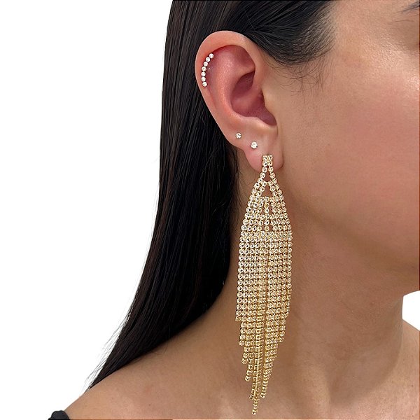 Brinco Folheado Ouro 18k e Prata 925 Franja Strass Triângulo