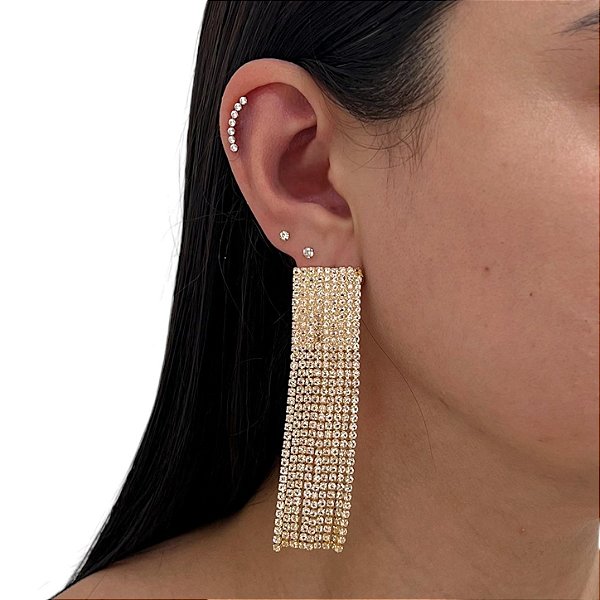 Brinco Folheado Ouro 18k e Prata 925 Franja Strass Quadrado Menor