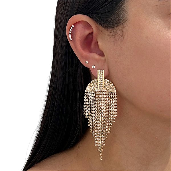 Brinco Folheado Ouro 18k e Prata 925 Franja Strass Arco Fechado