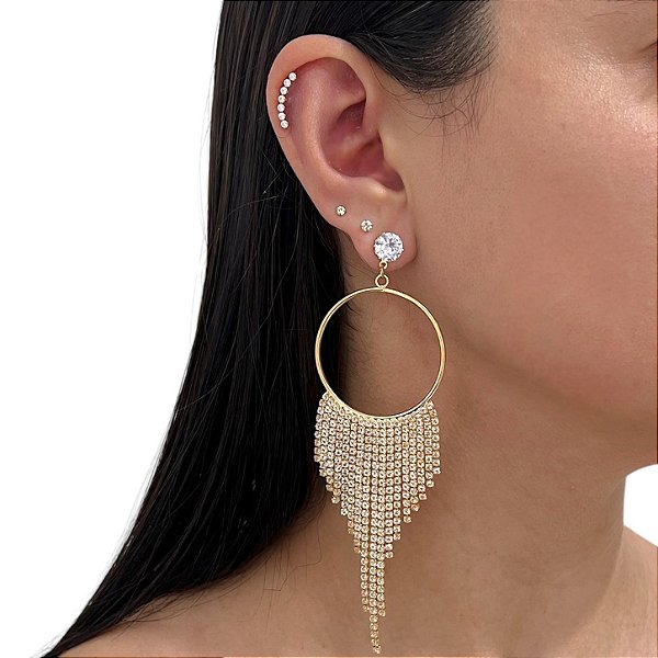 Brinco Folheado Ouro 18k e Prata 925 Franja Strass Argola Ponto de Luz