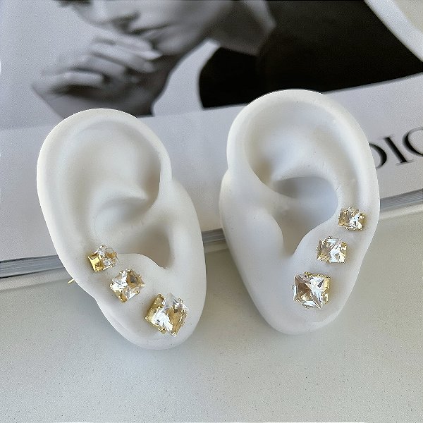 Trio Brincos Folheado Ouro 18k Quadrado