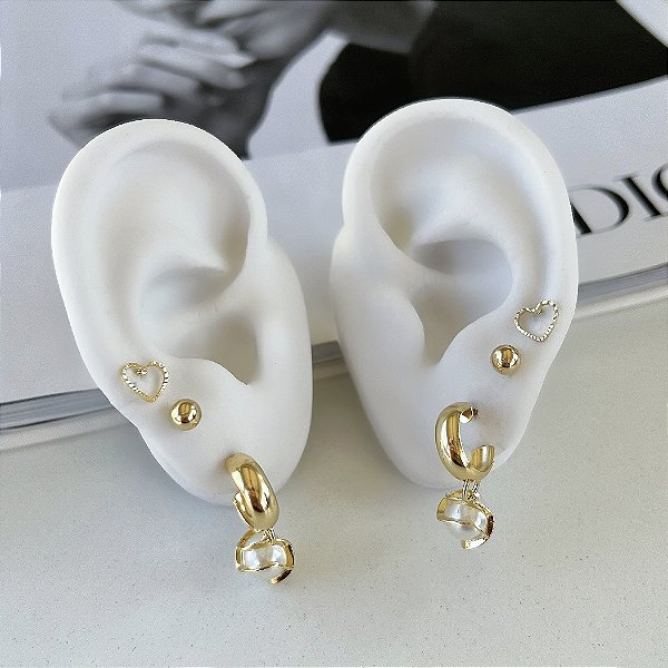 Trio Brincos Folheado Ouro 18k e Prata 925 Argola Pérola