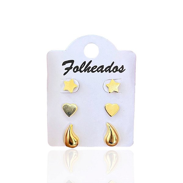 Trio Brincos Folheado Ouro 18k Formatos