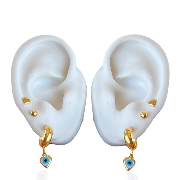 Trio Brincos Folheado Ouro 18k Coração Olho Grego