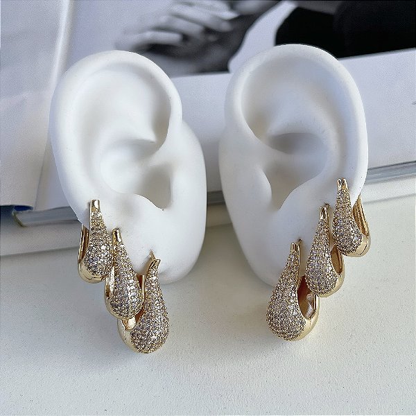 Trio Brincos Folheado Ouro 18k e Prata 925 Argolas Gota Vírgula Cravejada