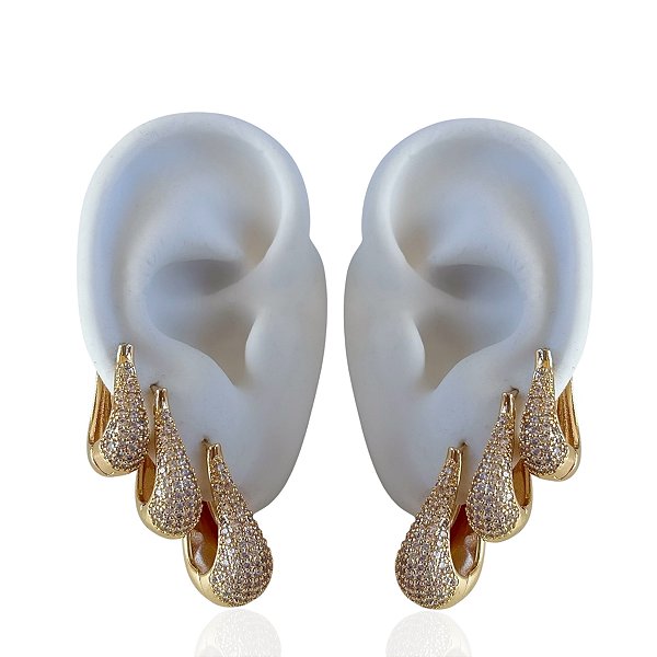 Trio Brincos Folheado Ouro 18k e Prata 925 Argolas Gota Vírgula Cravejada