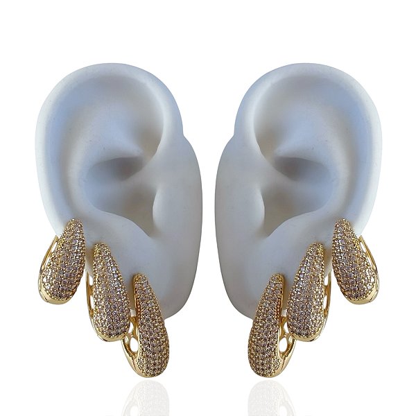 Trio Brincos Folheado Ouro 18k e Prata 925 Argolas Gota Cravejada