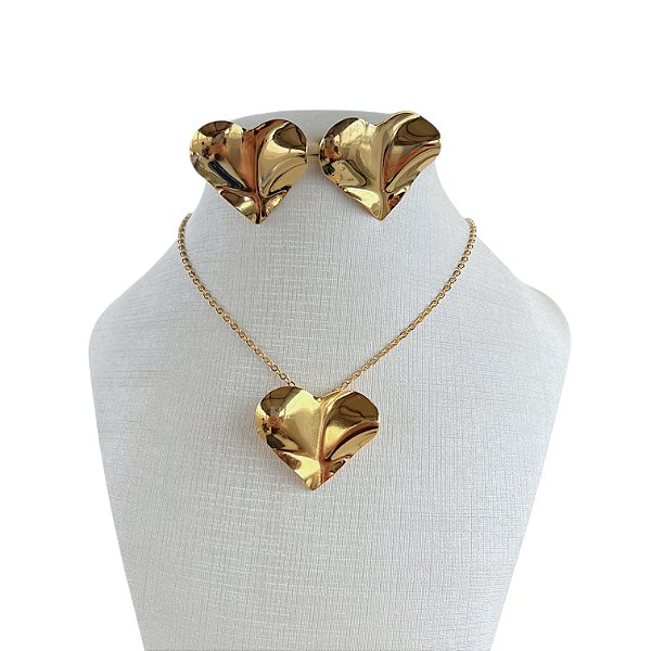 Conjunto Folheado Ouro 18k e Prata 925 Coração Chapeado