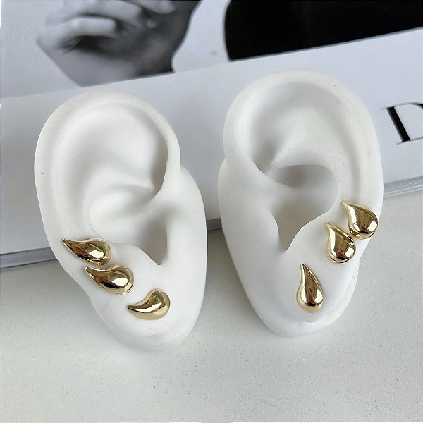 Trio Brincos Folheado Ouro 18k e Prata 925 Vírgula
