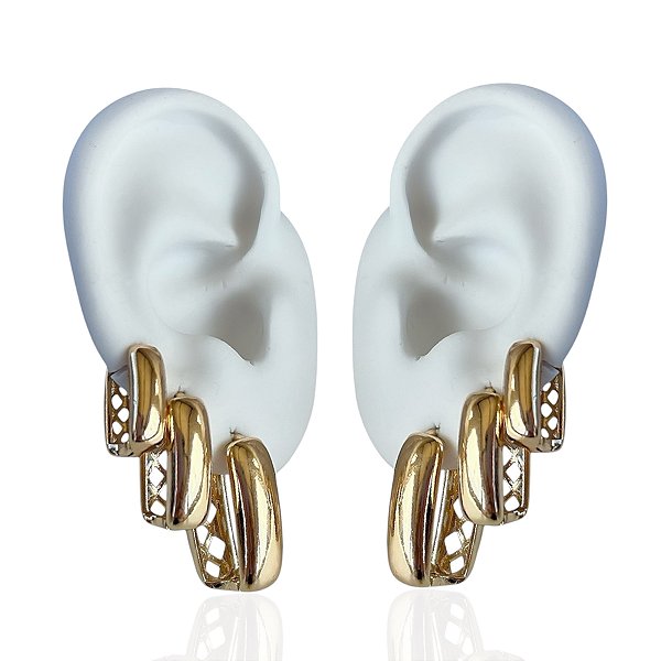 Trio Brincos Folheado Ouro 18k e Prata 925 Argolas Quadrada Abaulada