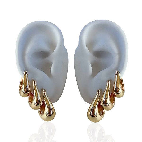 Trio Brincos Folheado Ouro 18k e Prata 925 Argolas Gota Vírgula Abaulada