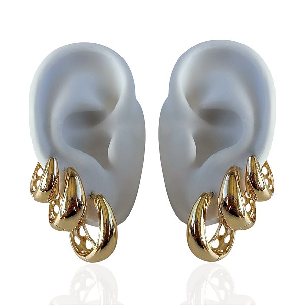 Trio Brincos Folheado Ouro 18k e Prata 925 Argolas Abaulada