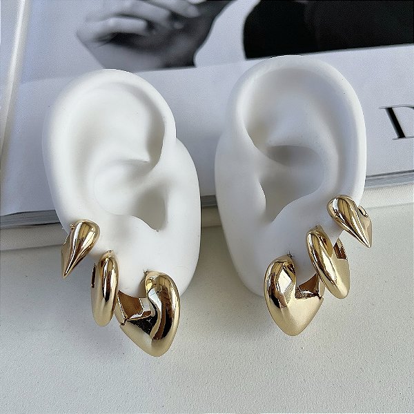 Trio Brincos Folheado Ouro 18k e Prata 925 Argolas Coração Abaulada