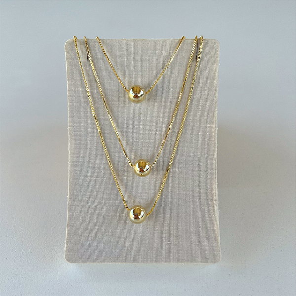 Colar Triplo Folheado Ouro 18k e Prata 925 Esfera