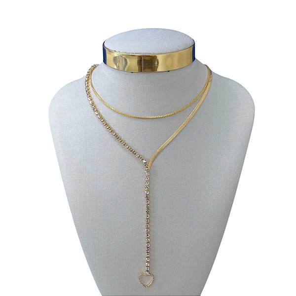 Colar Duplo Folheado Ouro 18k Gravatinha Riviera Coração
