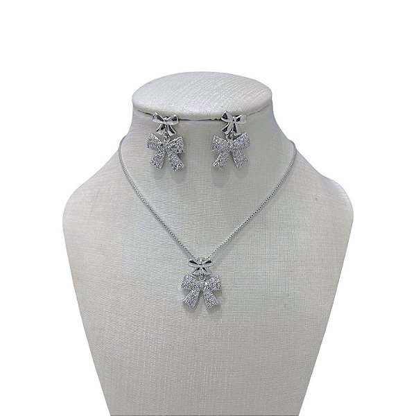 Conjunto Folheado Prata 925 Laço Cravejado
