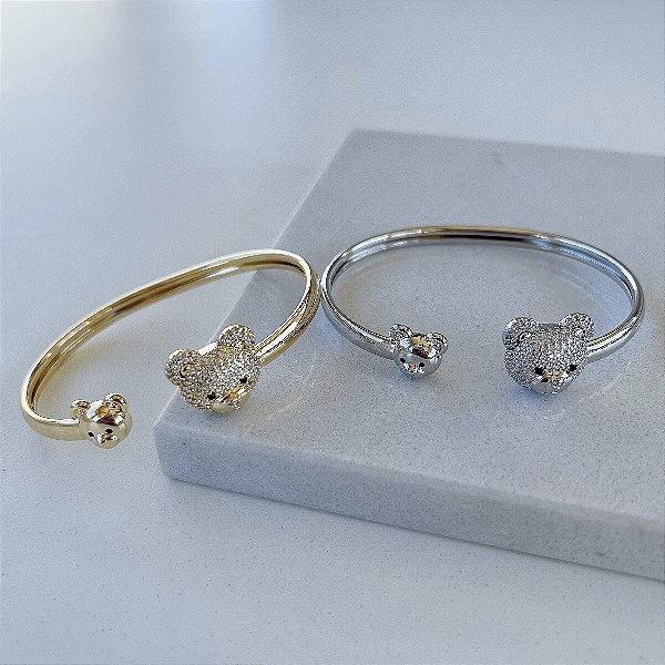 Bracelete Folheado Ouro 18k e Prata 925 Urso Cravejado