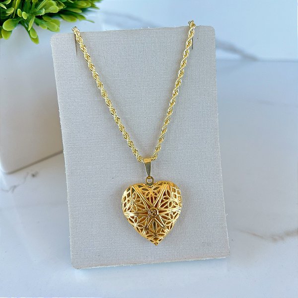 Colar Relicário Ouro 18k Coração Cordão Baiano Folheado