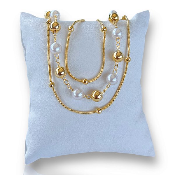 Pulseira Folheada Ouro 18k Tripla Bolinhas Pérolas