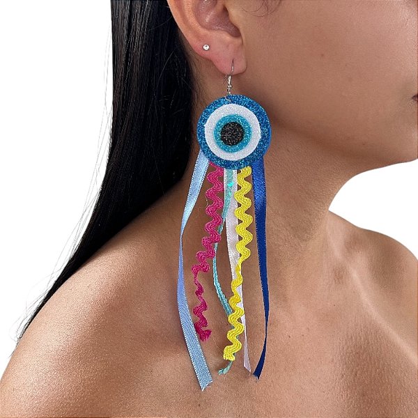 Brinco Franja Olho Grego Fita Bijuteria