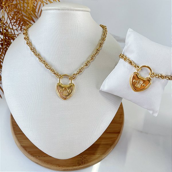 Conjunto Correntaria Bijuteria Cadeado