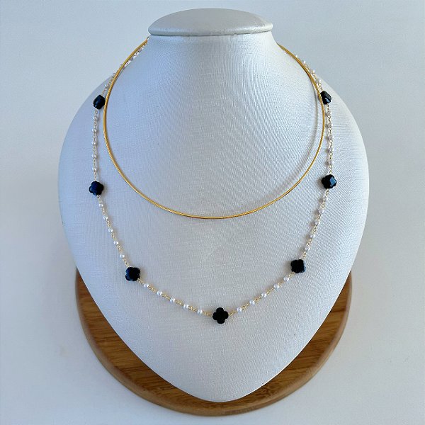 Choker Dupla Folheado Ouro 18k Aro Trevos Pérolas