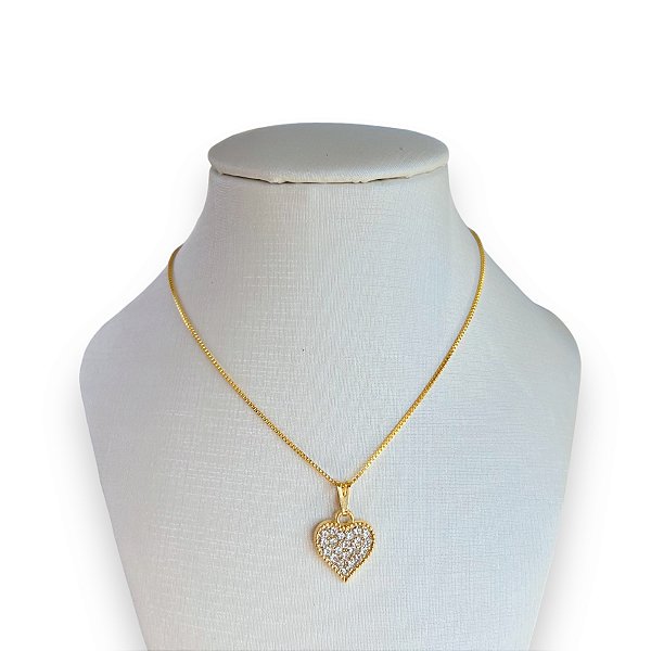 Colar Folheado Ouro 18k Coração Strass