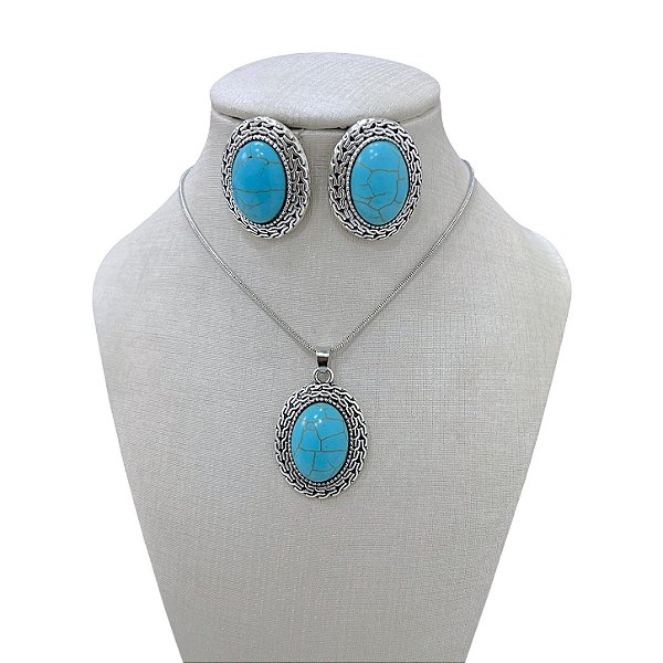 Conjunto Bijuteria Prata Oval Pedraria Trabalhada