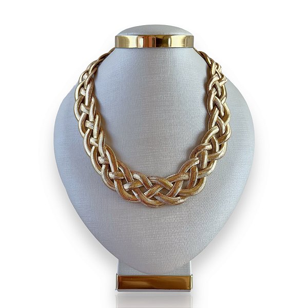 Colar Bijuteria Dourado e Prata Trançado Grosso
