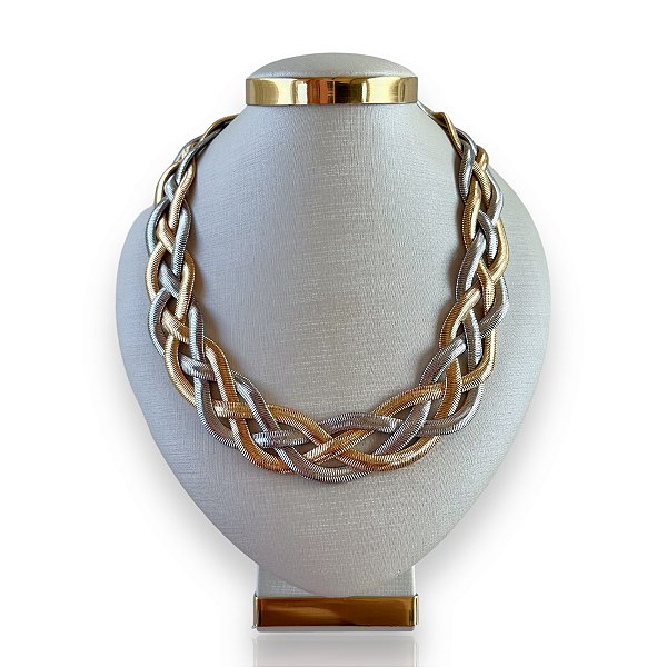 Colar Bijuteria Dourado e Prata Trançado Grosso