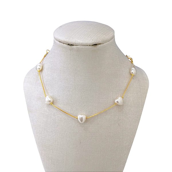 Choker Folheada Ouro 18k e Prata 925 Corações Pérolas