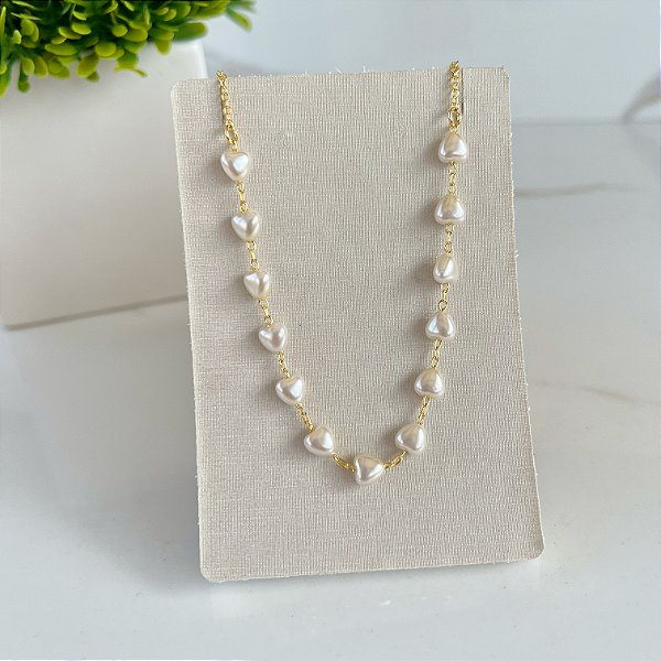 Choker Folheada Ouro 18k e Prata 925 Corações Pérolas