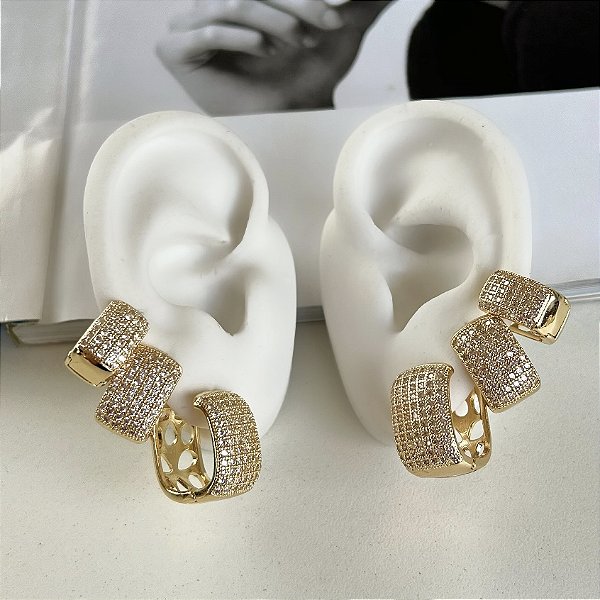 Trio Brincos Folheado Ouro 18k e Prata 925 Argolas Quadrada Cravejada