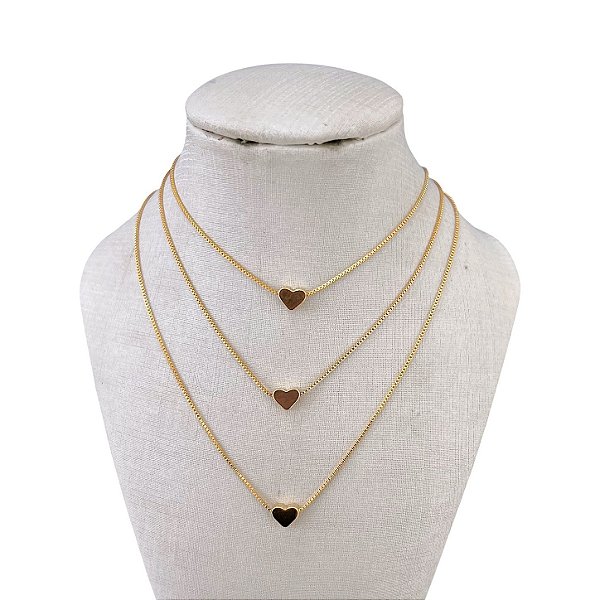 Colar Triplo Folheado Ouro 18k e Prata 925 Corações