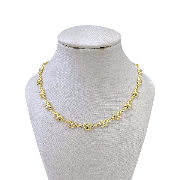 Choker Folheada Ouro 18k e Prata 925 Borboletas Cristais