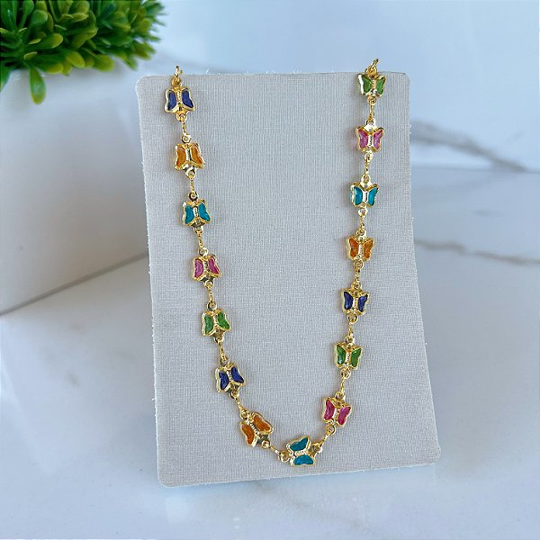 Choker Folheada Ouro 18k e Prata 925 Borboletas Cristais
