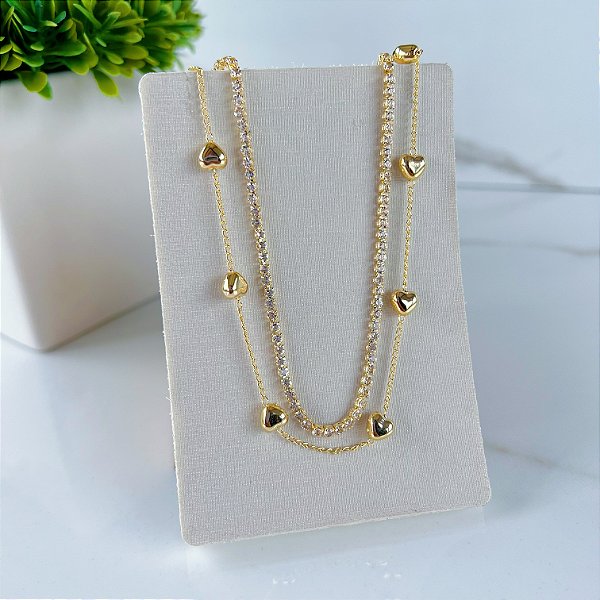 Colar Duplo Folheada Ouro 18k e Prata 925 Riviera Corações