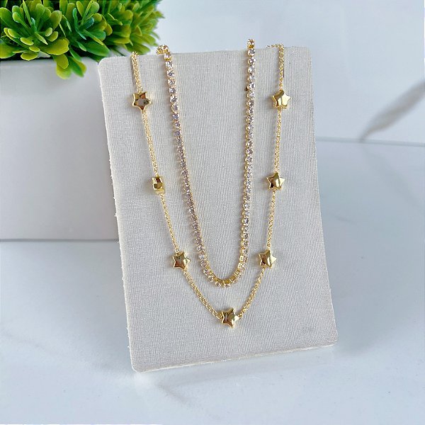 Colar Duplo Folheado Ouro 18k e Prata 925 Riviera Estrelas