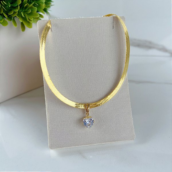 Choker Folheada Ouro 18k e Prata 925 Fita Laminada Ponto de Luz Coração