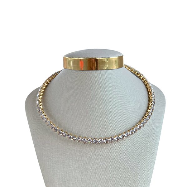 Choker Folheada Ouro 18k e Prata 925 Aro Bolinhas Cravejadas