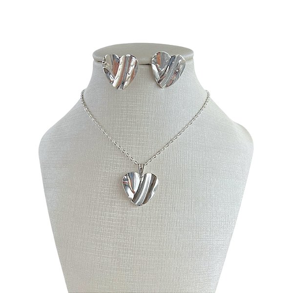 Conjunto Folheado Prata 925 Coração Chapeado