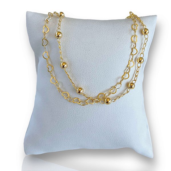 Pulseira Folheada Ouro 18k Dupla Bolinhas Corações