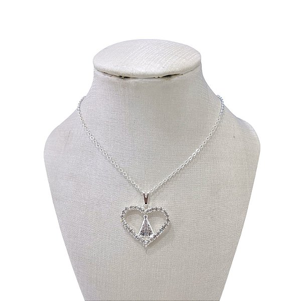 Colar Folheado Prata 925 Coração Nossa Senhora Strass