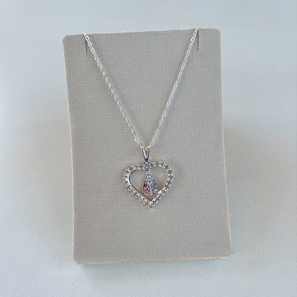 Colar Folheado Prata 925 Coração Nossa Senhora Strass