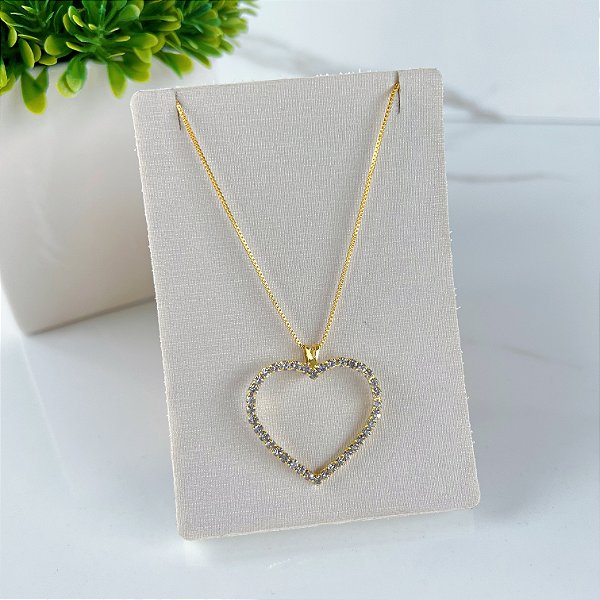 Colar Folheado Ouro 18k Coração Strass