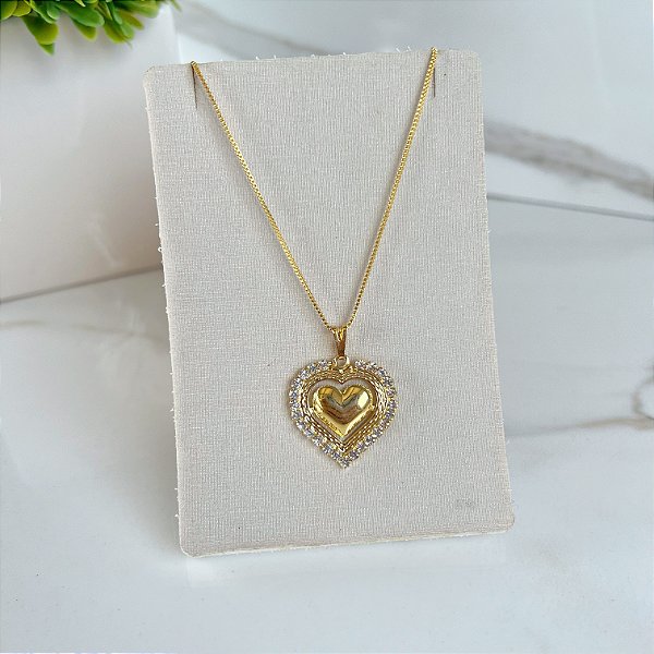 Colar Folheado Ouro 18k Coração Strass