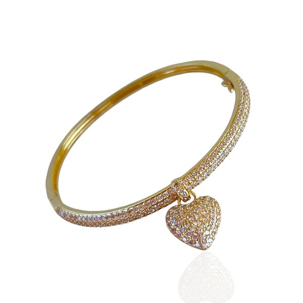 Bracelete Folheado Ouro 18k e Prata 925 Coração Cravejado