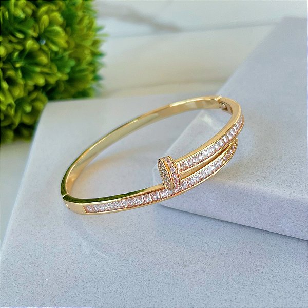 Bracelete Folheado Ouro 18k e Prata 925 Inspired Prego Navetes Cravejados
