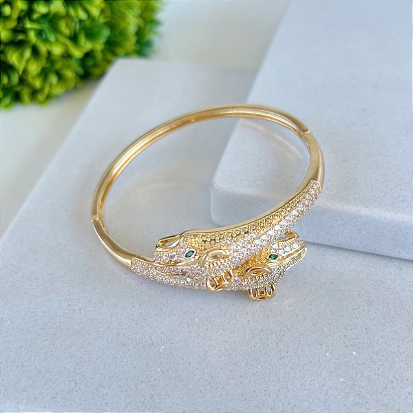 Bracelete Folheado Ouro 18k e Prata 925 Tigre Cravejado
